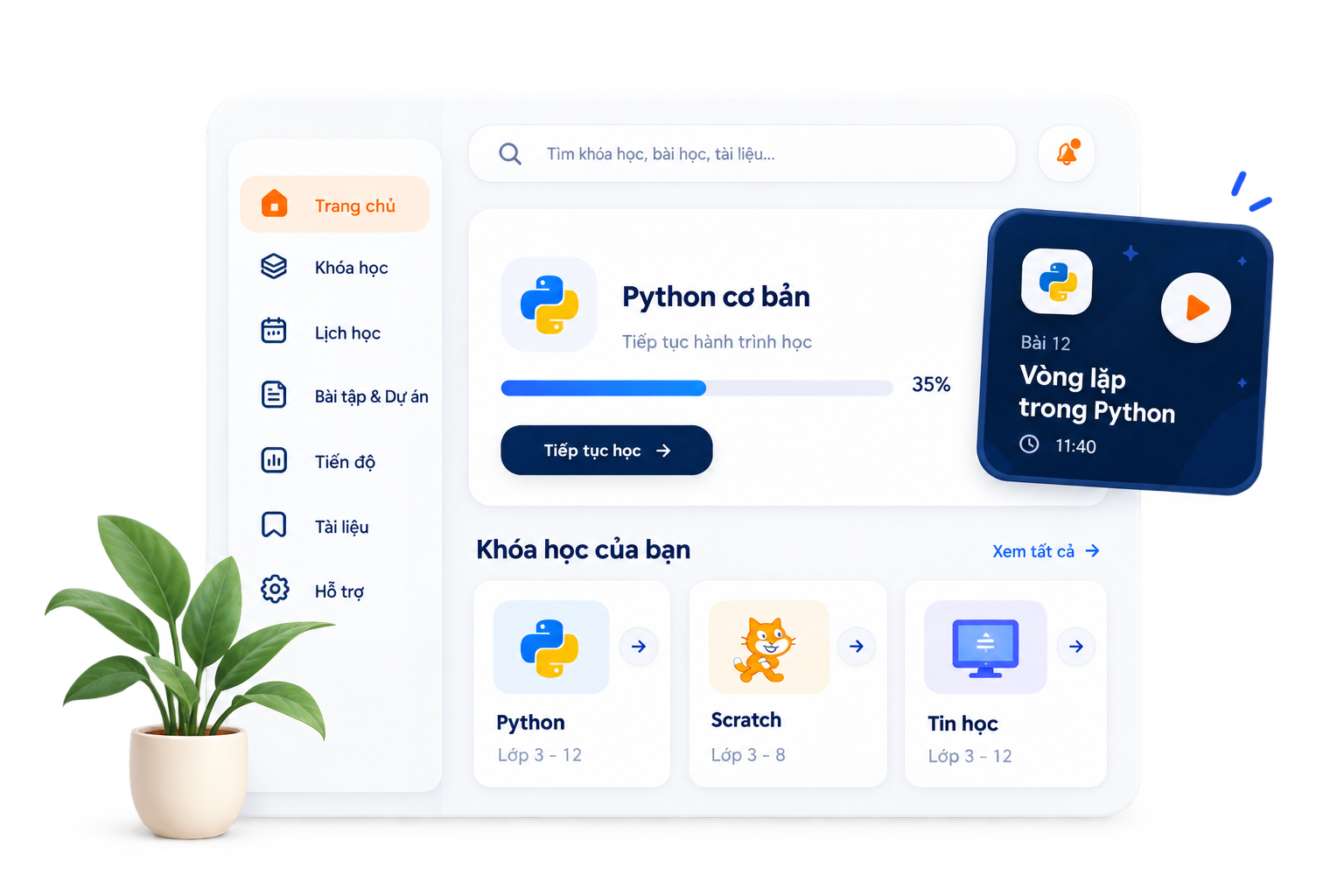 Giao diện học tập TUGOR với lộ trình Python, Scratch và Tin học